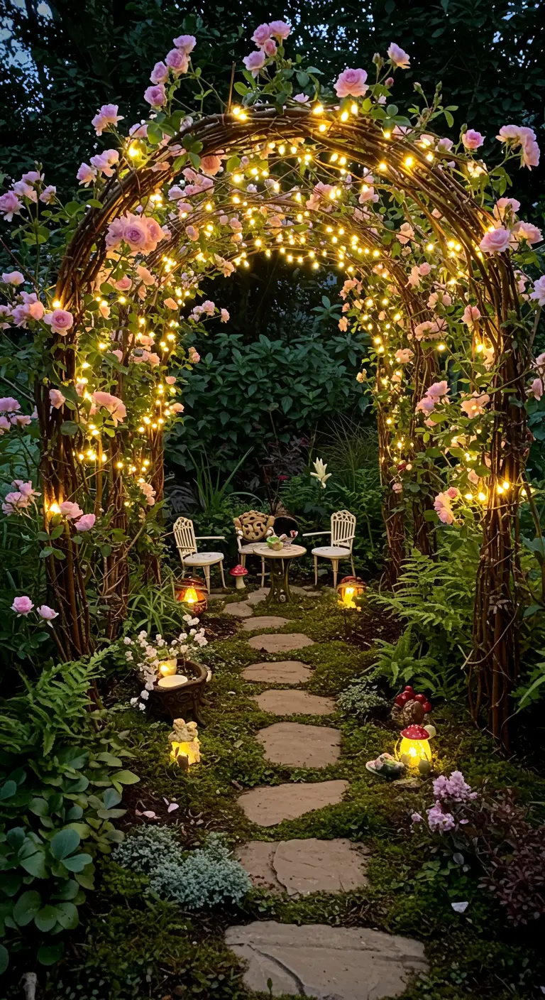 Willow branch arch with pink climbing roses and fairy lights over a mossy path.