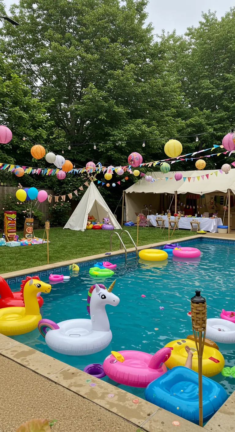 Kids' pool party with colorful lanterns, tents, and unicorn floats.