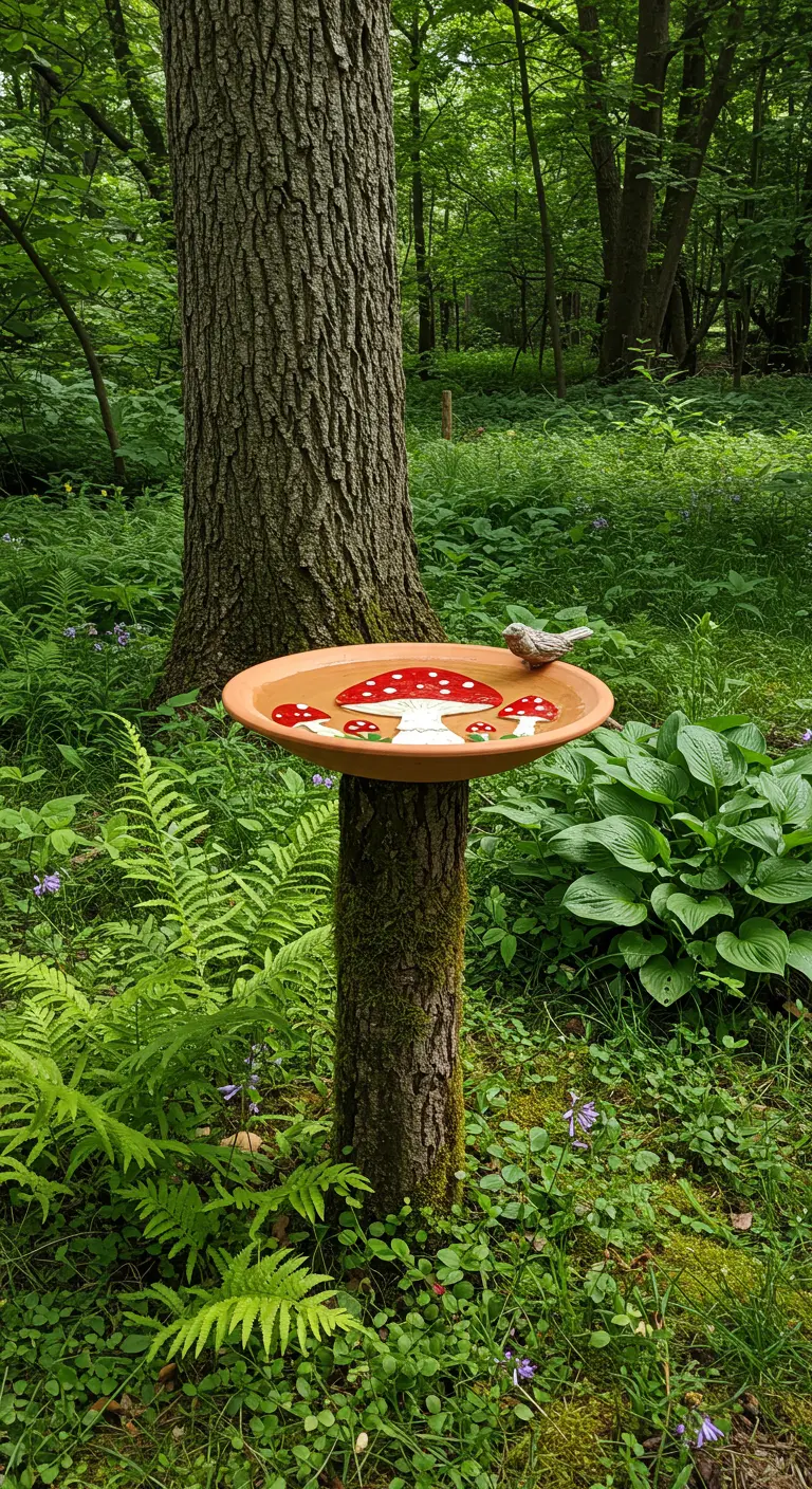 Birdbath with painted red mushrooms on a log post in a lush, green forest setting.