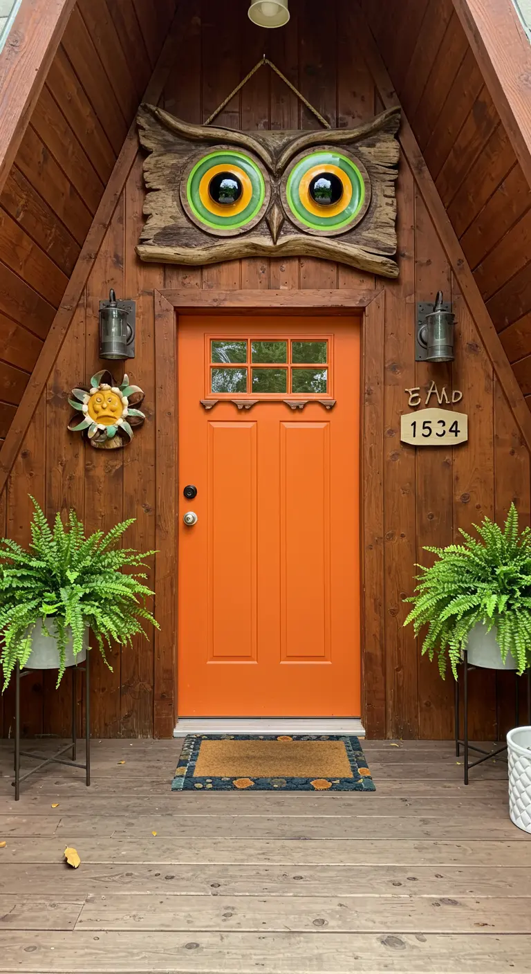 A large driftwood owl sculpture with colorful resin eyes hanging above an orange door.