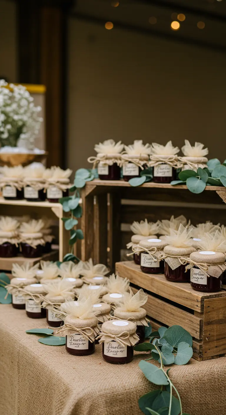 Jam jars with rustic labels and ivory tulle toppers as party favors.