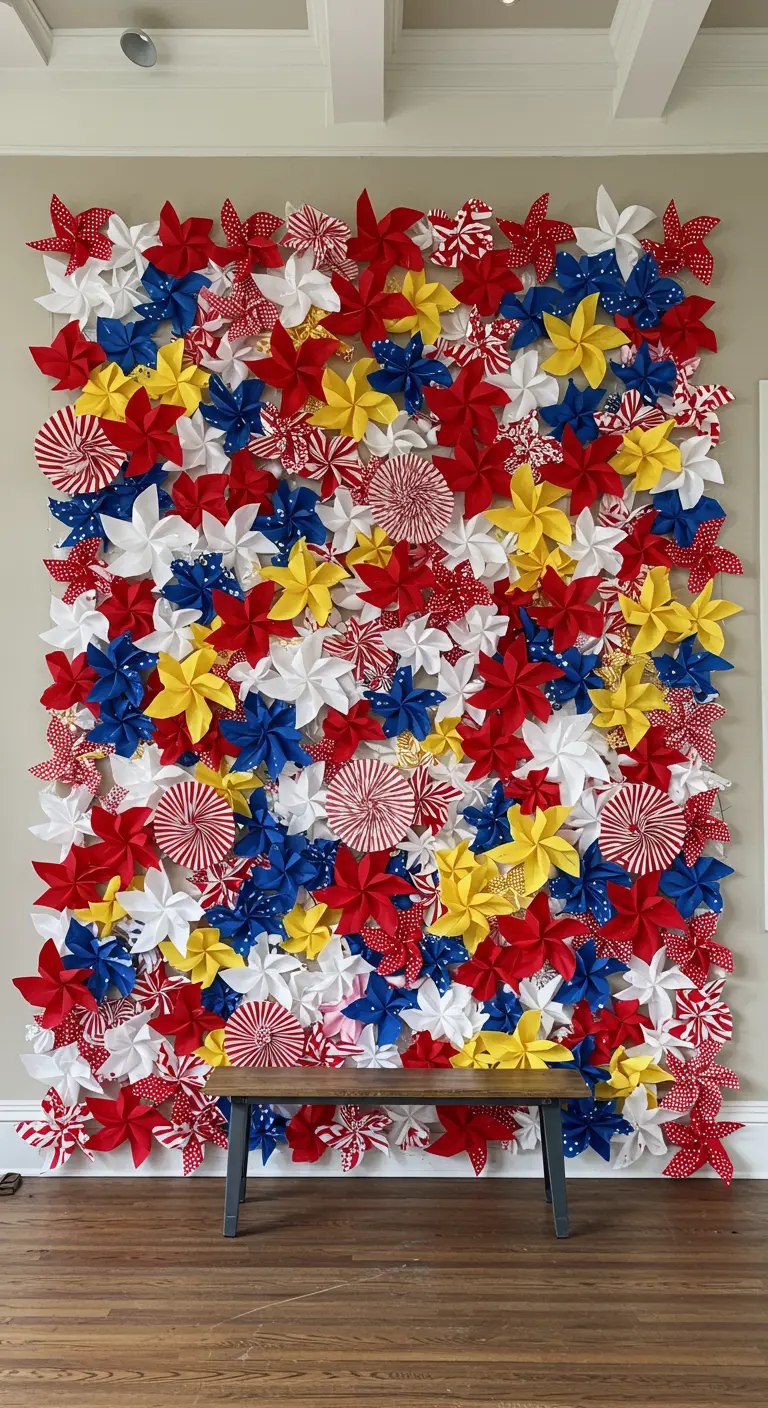 A full wall covered in red, white, blue, and yellow paper pinwheels of various sizes.