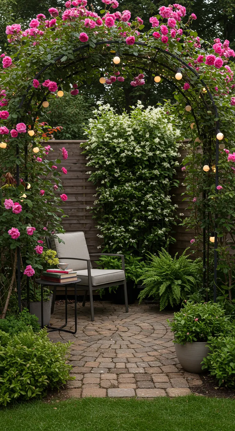 Black metal arch with pink climbing roses and string lights over a secluded garden bench.