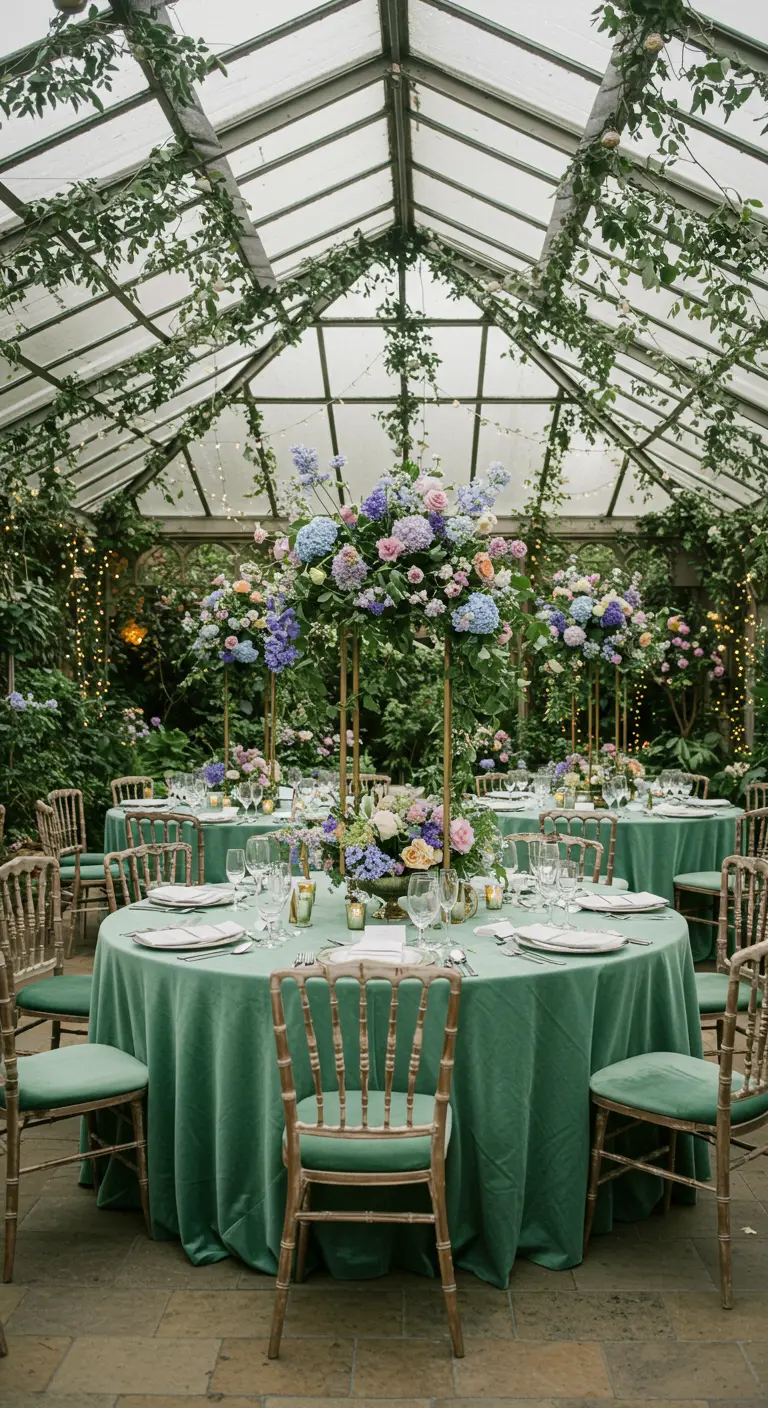 Greenhouse wedding with mint green velvet tables, pastel floral centerpieces, and string lights.