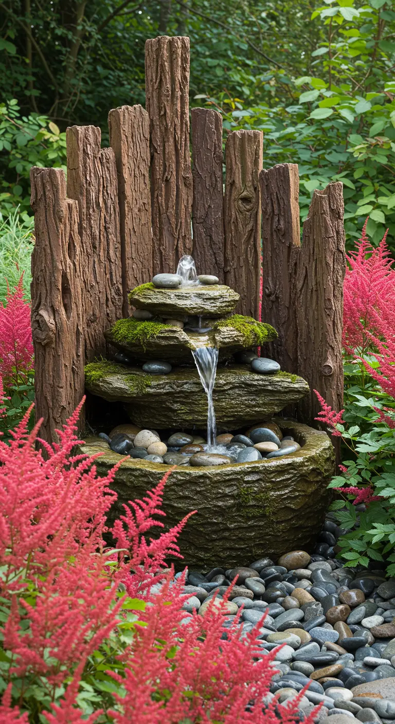 A tiered stone fountain with a faux bark backdrop, surrounded by feathery red astilbe flowers.