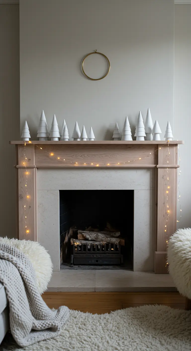 Minimalist mantel with white ceramic trees and a simple string of fairy lights.
