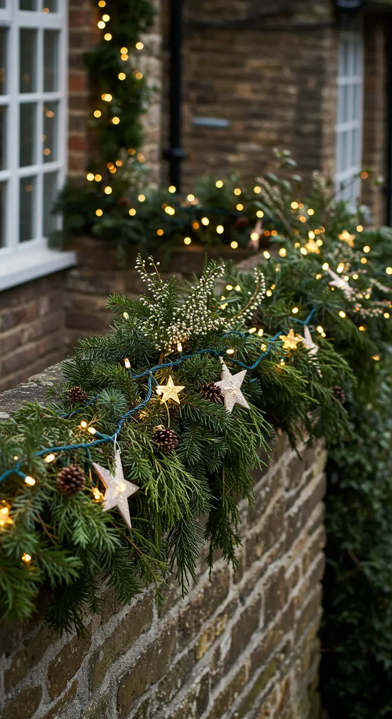 A close-up of a lush, natural garland with tiny pinecones and small, glowing star lights.