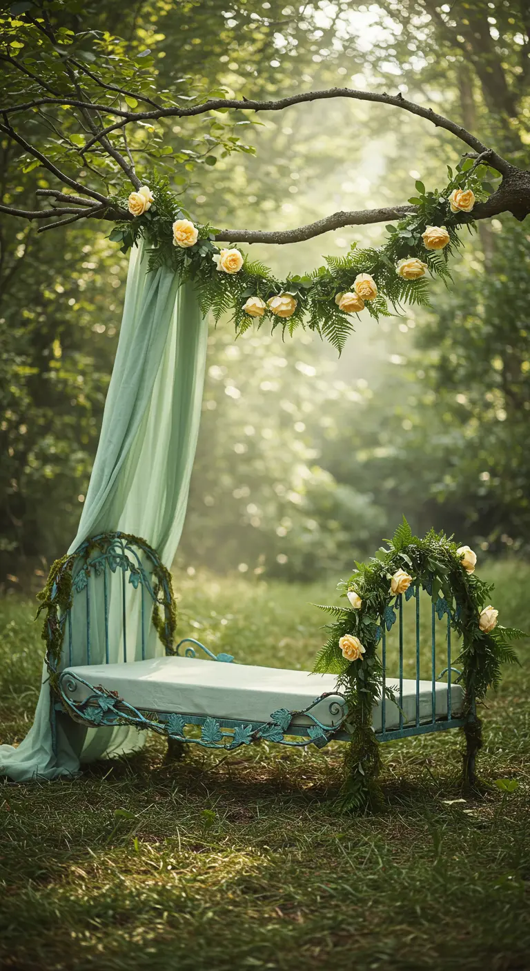 A weathered daybed in a misty forest, decorated with yellow roses, ferns, and green fabric.