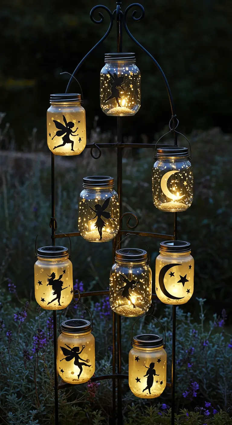 A tiered plant stand holding frosted solar jars decorated with black fairy silhouettes.