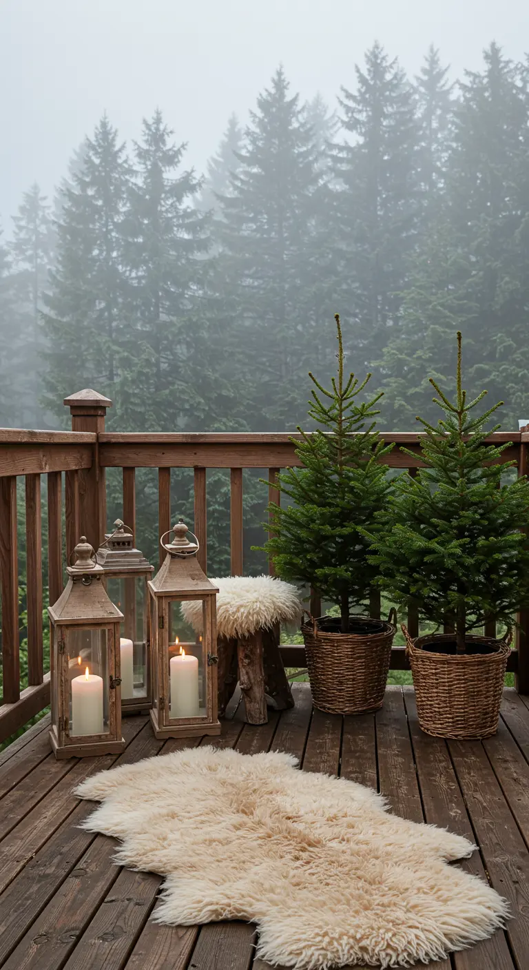 A rustic wooden deck overlooking a foggy forest with sheepskin rugs and lanterns.