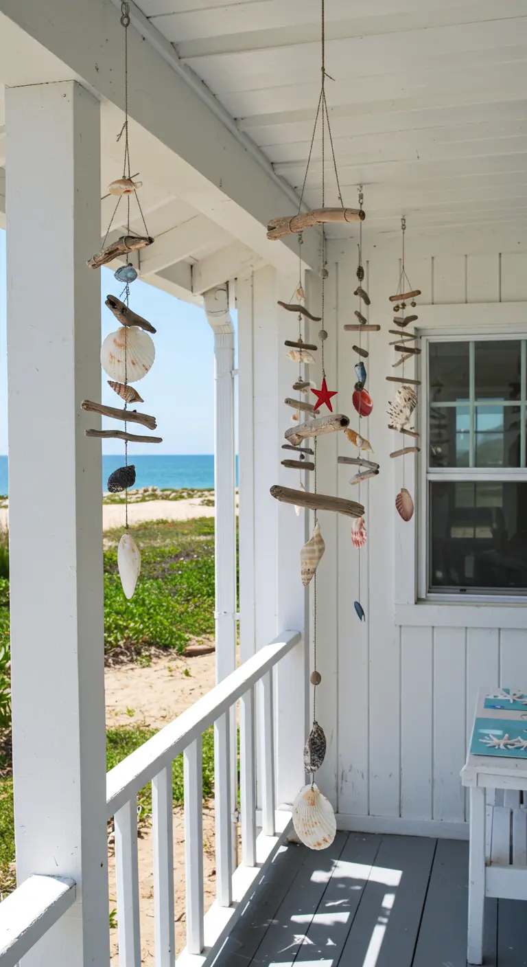 Handmade wind chimes made of driftwood and seashells hanging from a white porch ceiling.