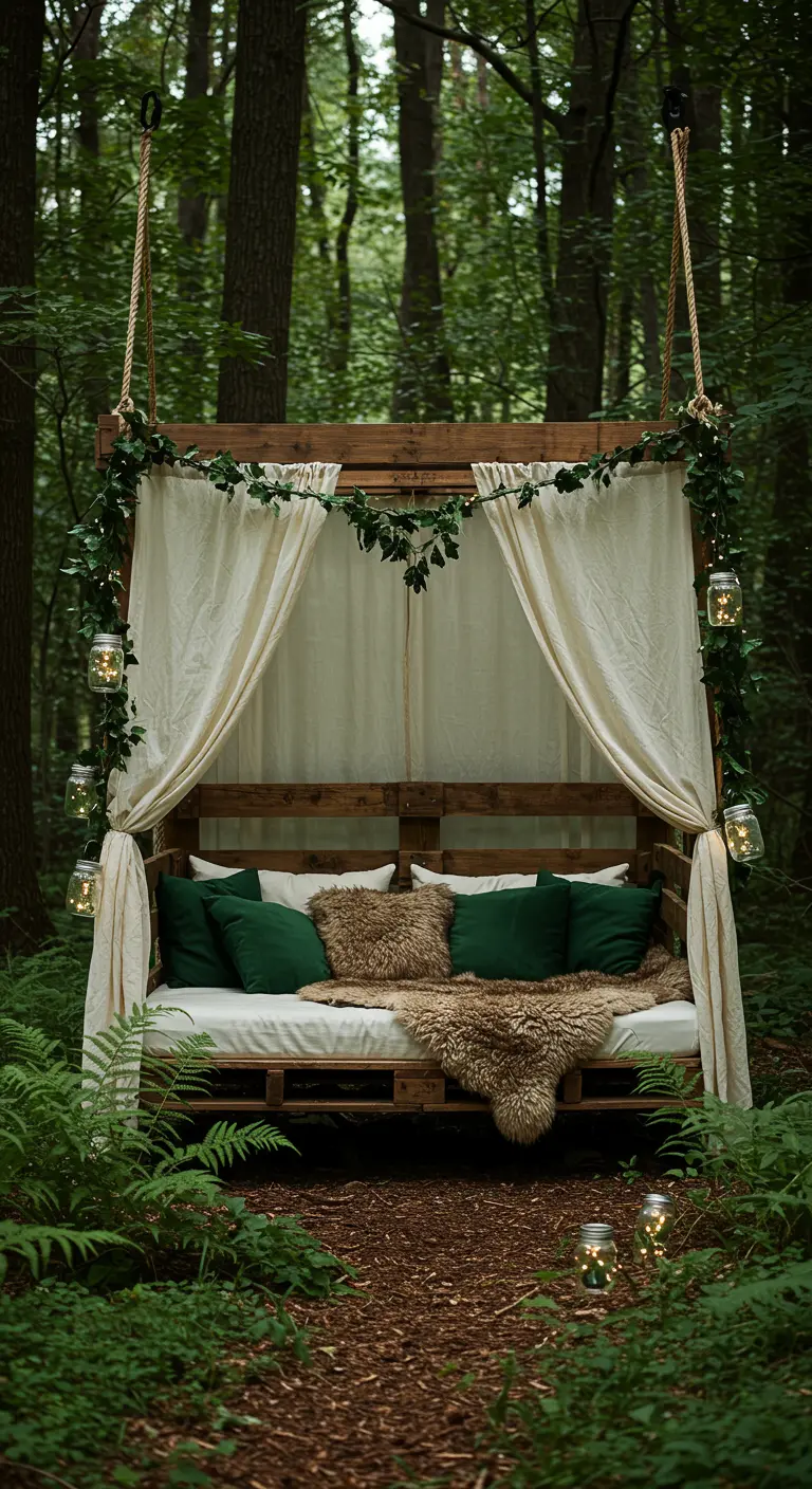Pallet swing bed in a forest with green cushions, faux fur, and ivy garlands.