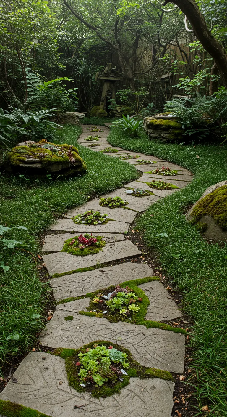 A winding path of irregular stones with moss and succulents growing between them.