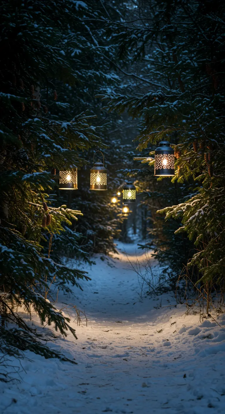 Ornate metal lanterns hanging from snowy pine branches in a forest.