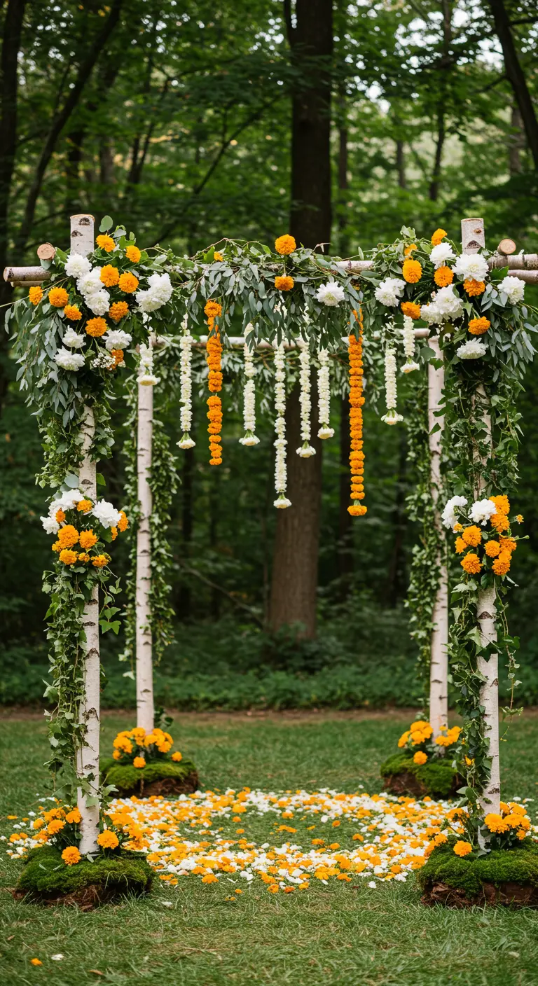 A rustic wedding arch made of birchwood, covered in greenery with pops of orange and white flowers.