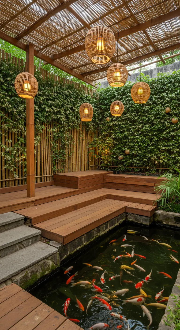 Wooden deck overlooking a koi pond with climbing ivy and hanging rattan lanterns.