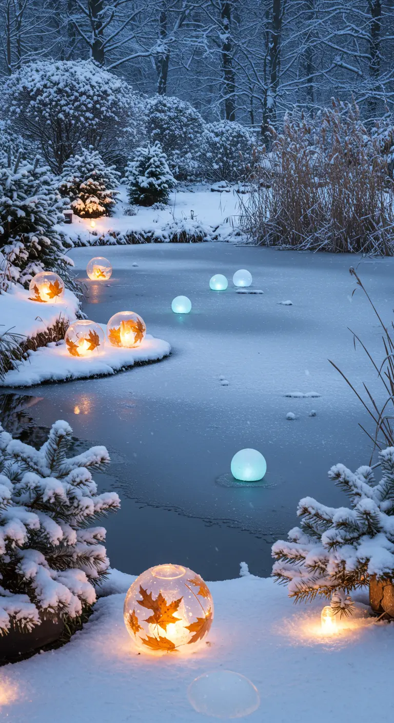 Frozen pond at dusk with glowing orbs on the ice and nestled in the snowy bank.