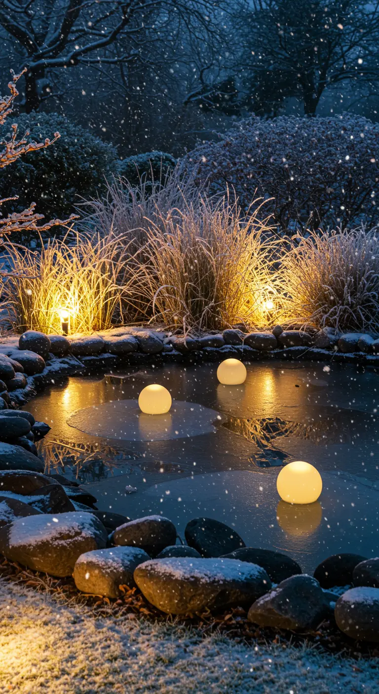Glowing orbs on a frozen pond surrounded by illuminated ornamental grasses.