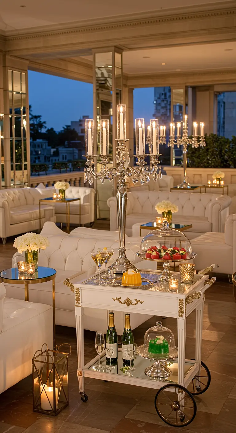 An elegant white and silver dessert cart on a chic terrace with white sofas and a crystal candelabra.