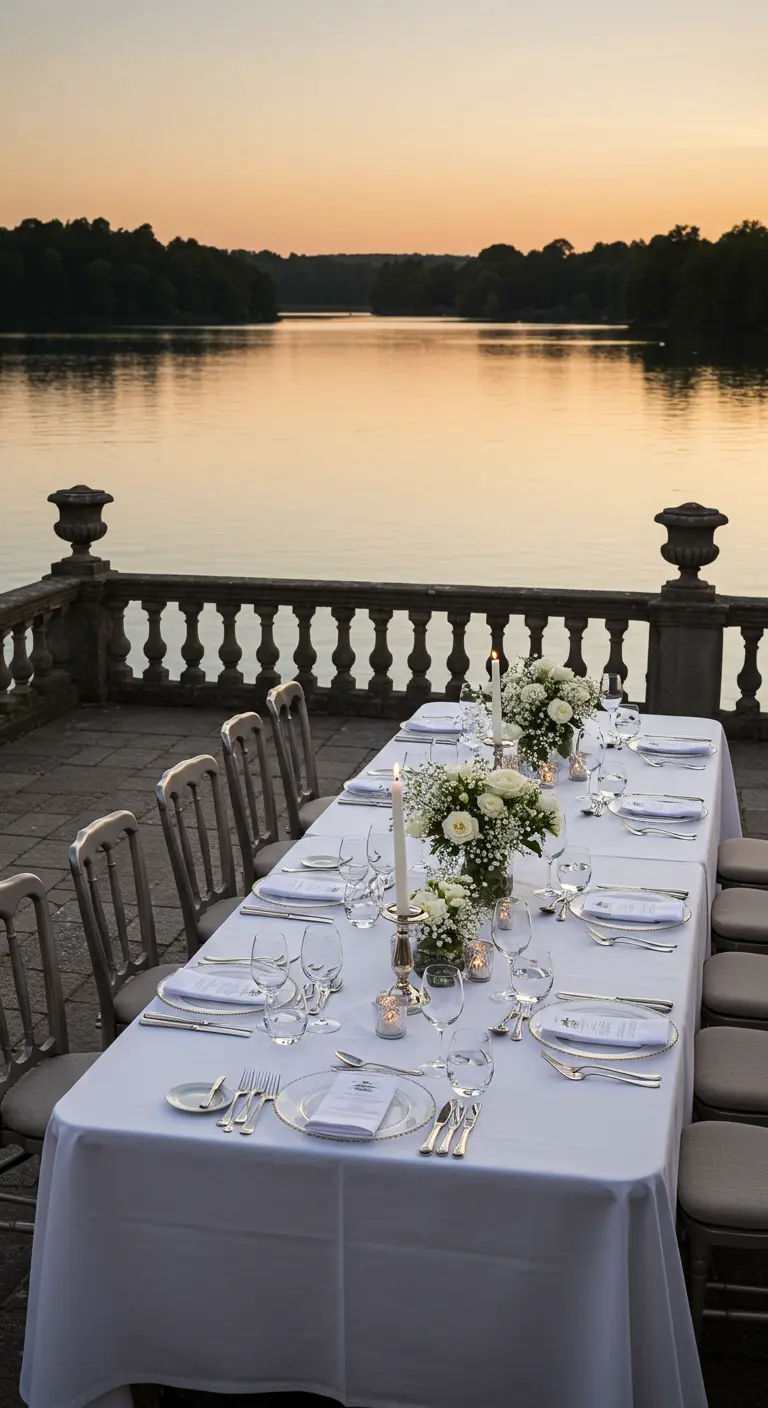 A long, elegant dining table with a white tablecloth and white roses by a lake.