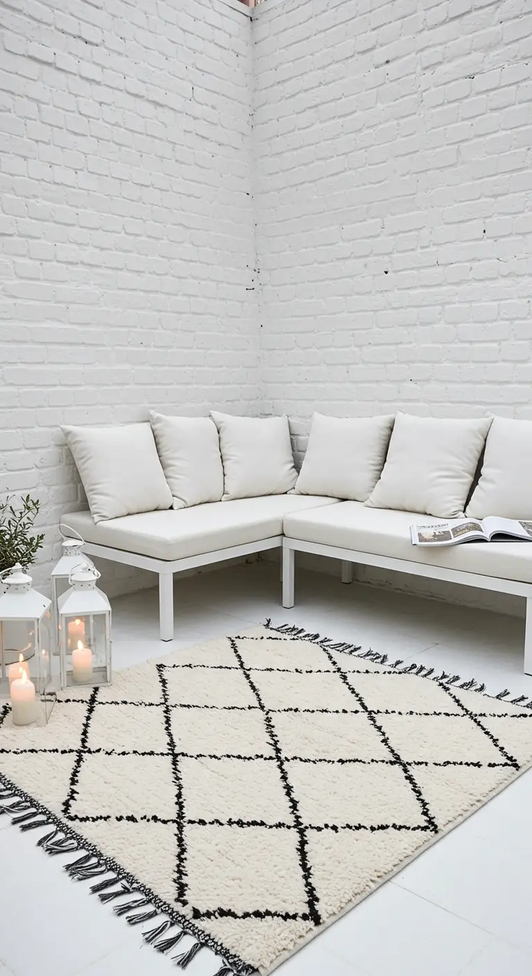 A bright white corner with a white sofa, white lanterns, and a black-and-white Beni Ourain rug.