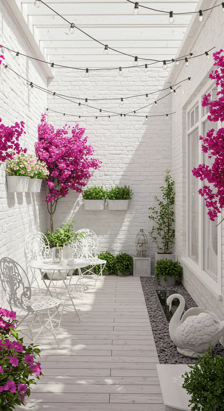 A bright white courtyard with white furniture, pink flowers, and a large white swan statue.