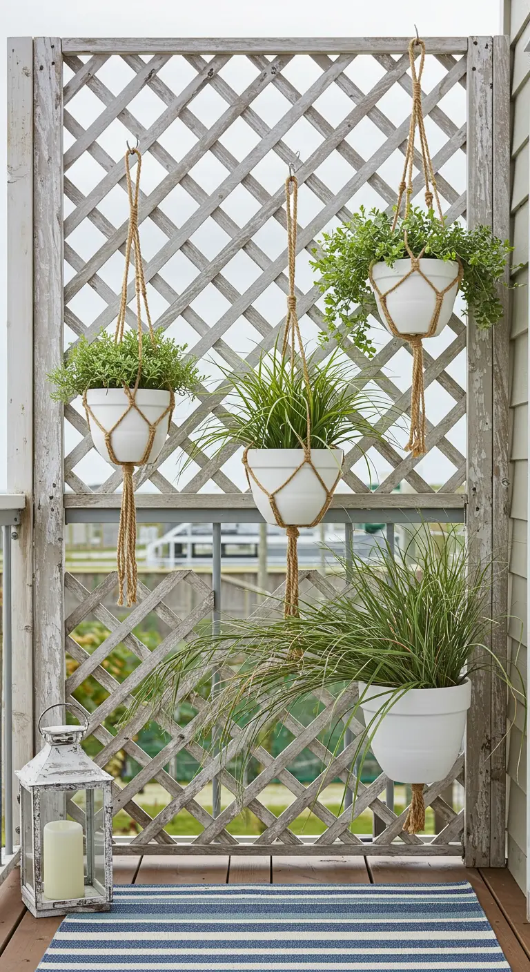 A whitewashed lattice trellis on a balcony with white pots in macrame hangers.