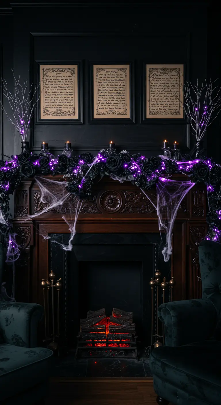 Gothic Halloween mantel with black roses, purple lights, and spiderwebs.