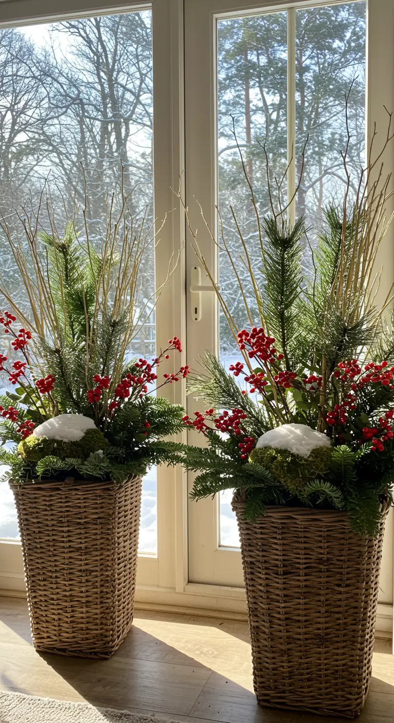 Two tall wicker basket planters with evergreens, berries, and dried grasses framing a sunny window.