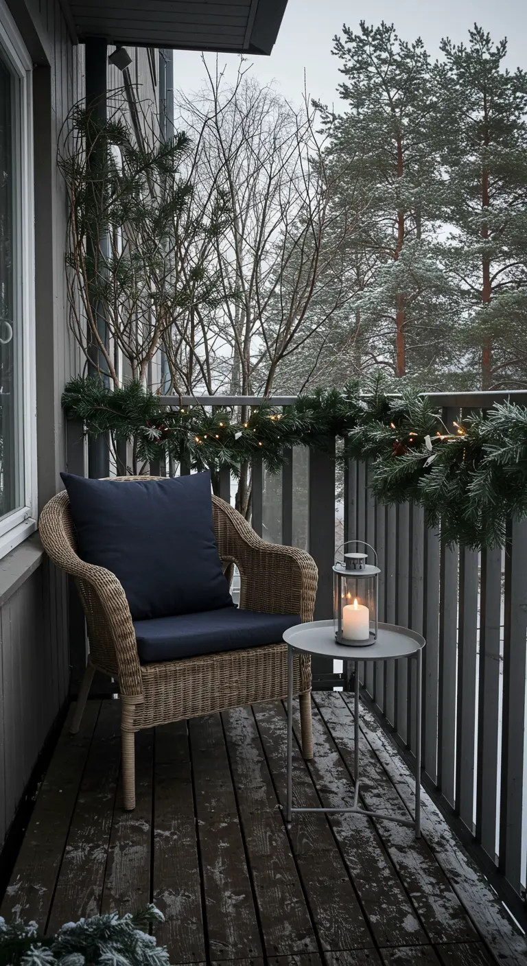 Cozy wicker chair on a balcony with a garland-wrapped railing and a glowing lantern.