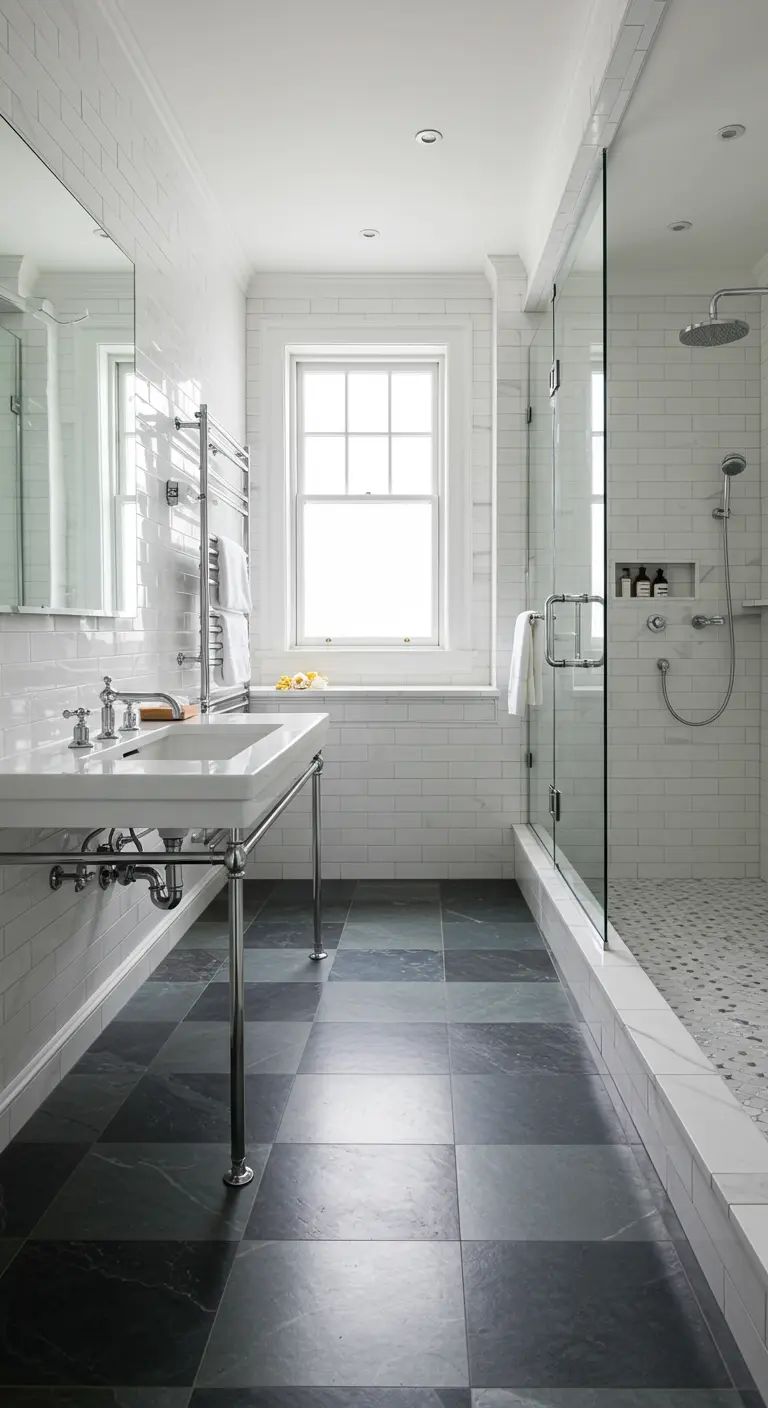 Long, narrow bathroom with large-format slate checkerboard floors and a console sink.