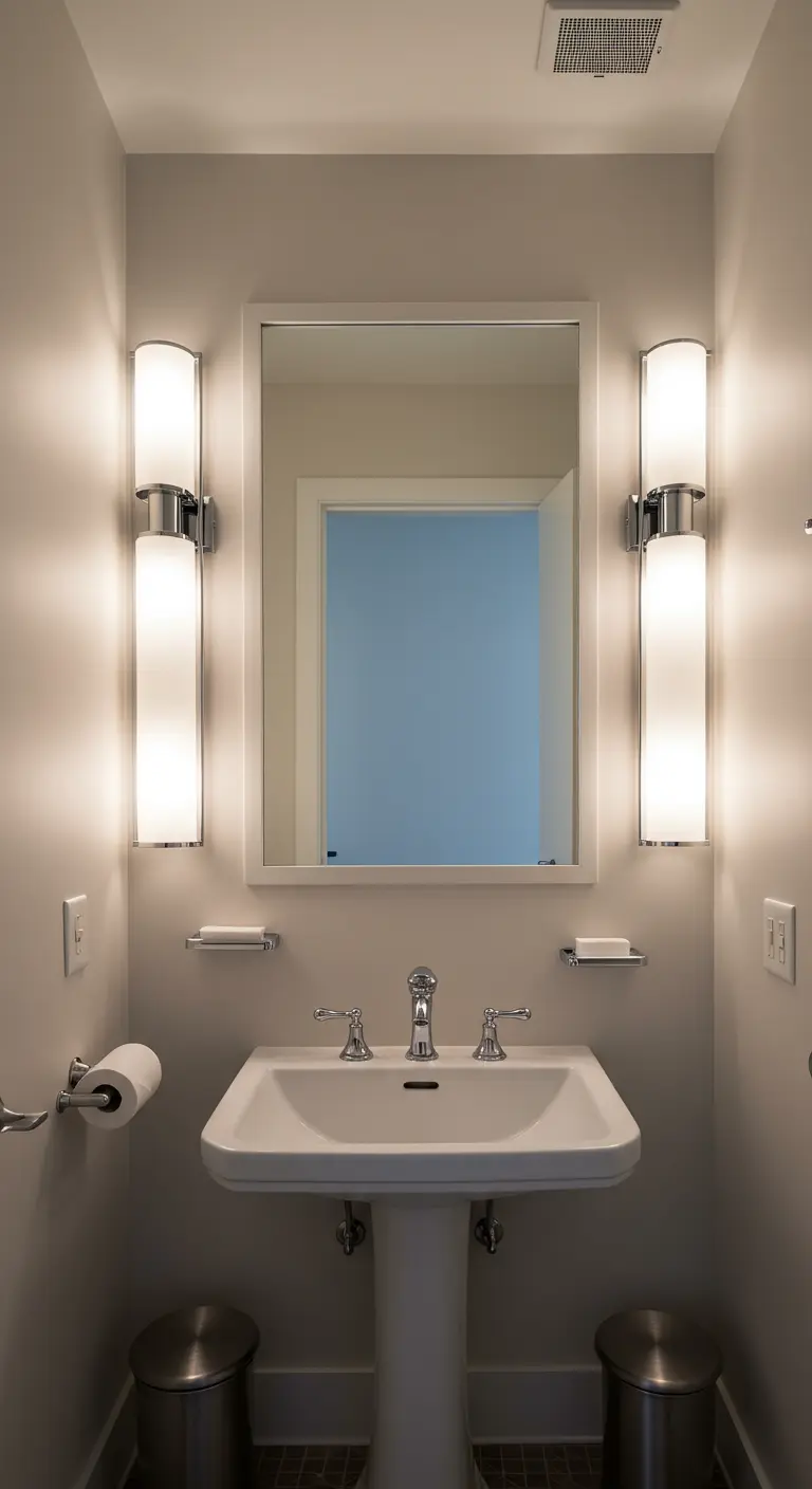 A small bathroom with a pedestal sink and a mirror flanked by two tall, modern vertical sconces.