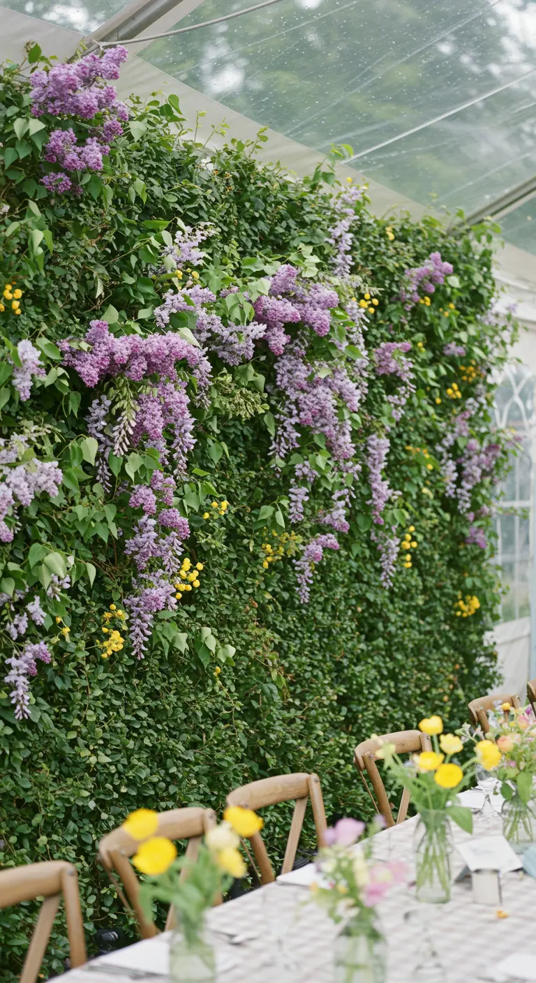 Green hedge wall with cascading wisteria and yellow flowers inside a tent.