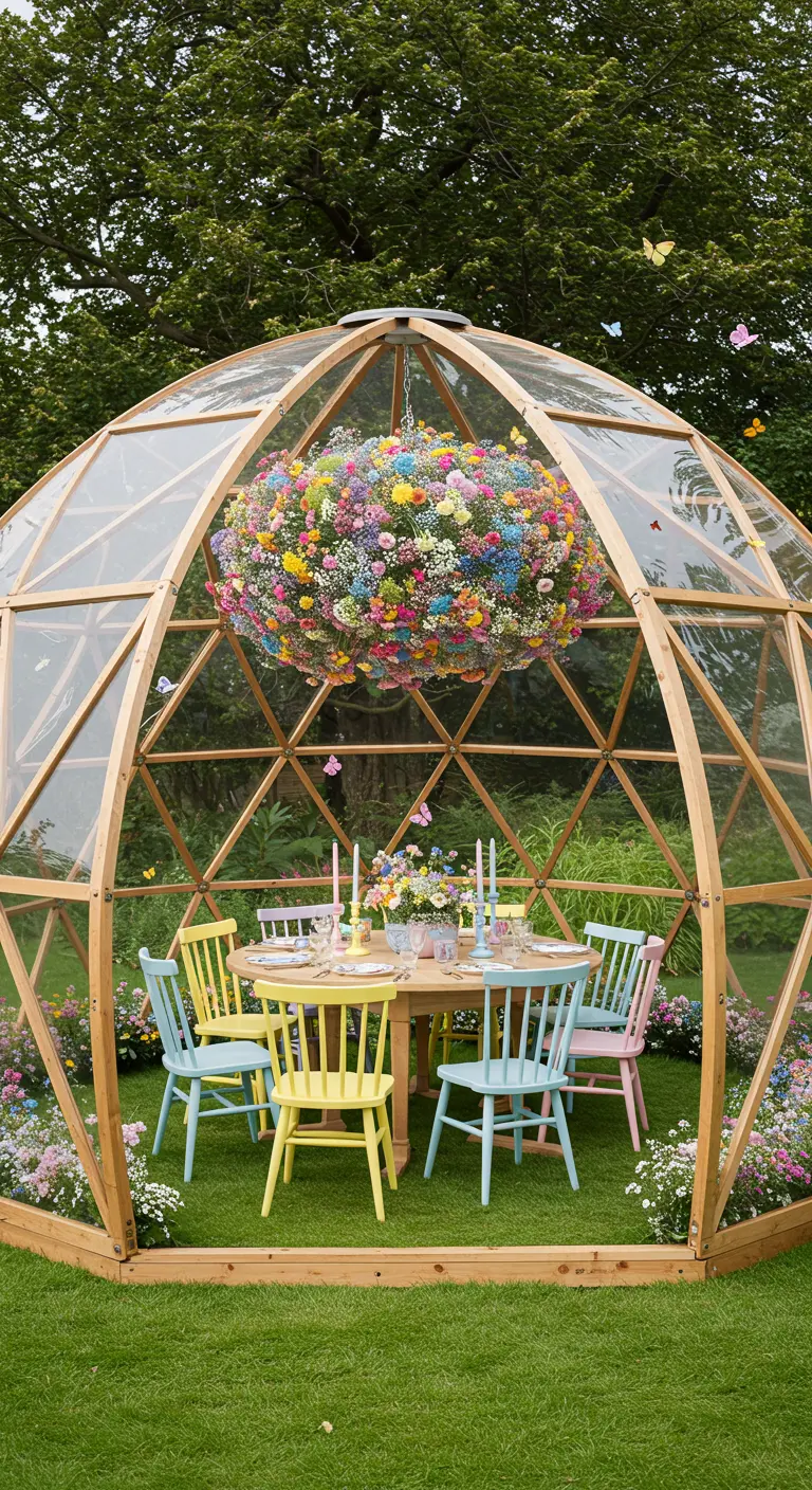 A wooden geodesic dome filled with colorful pastel chairs and a massive baby's breath floral sphere.