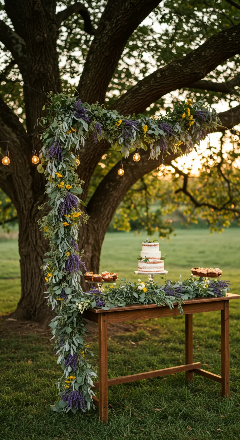 Rustic wedding cake table under a large tree with a wildflower and eucalyptus garland.