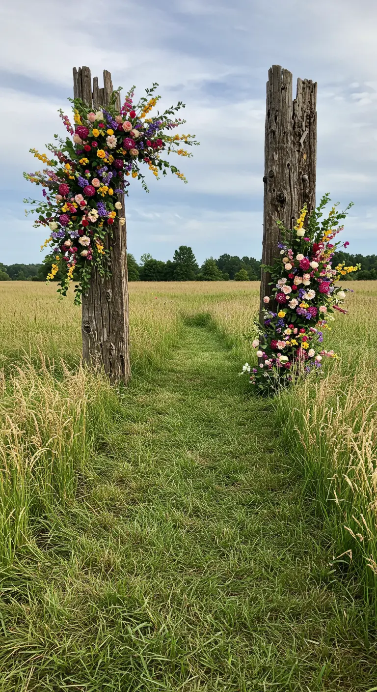 Two rustic wooden posts in a field adorned with asymmetrical wildflower arrangements.