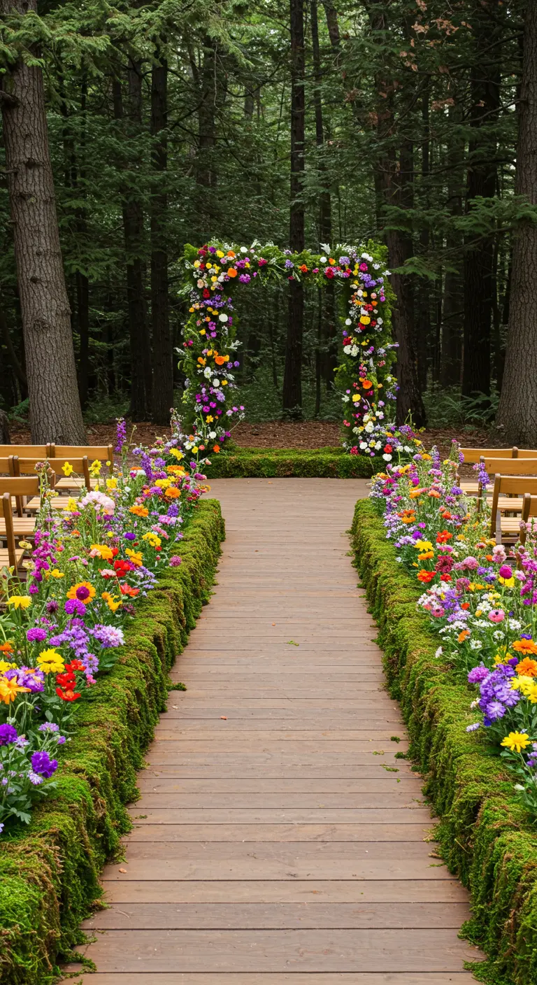 A wooden wedding aisle lined with moss and colorful wildflowers leading to a floral arch.