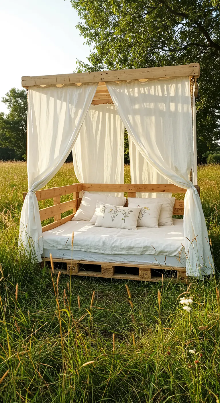 Natural wood pallet bed with white linens and embroidered pillows in a wildflower meadow.