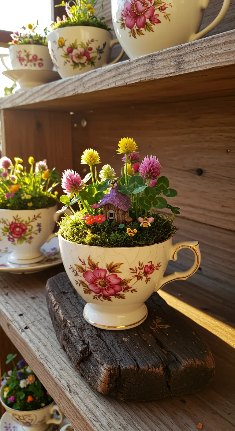 A floral teacup filled with real moss, clover, and tiny wildflowers, resting on dark driftwood.