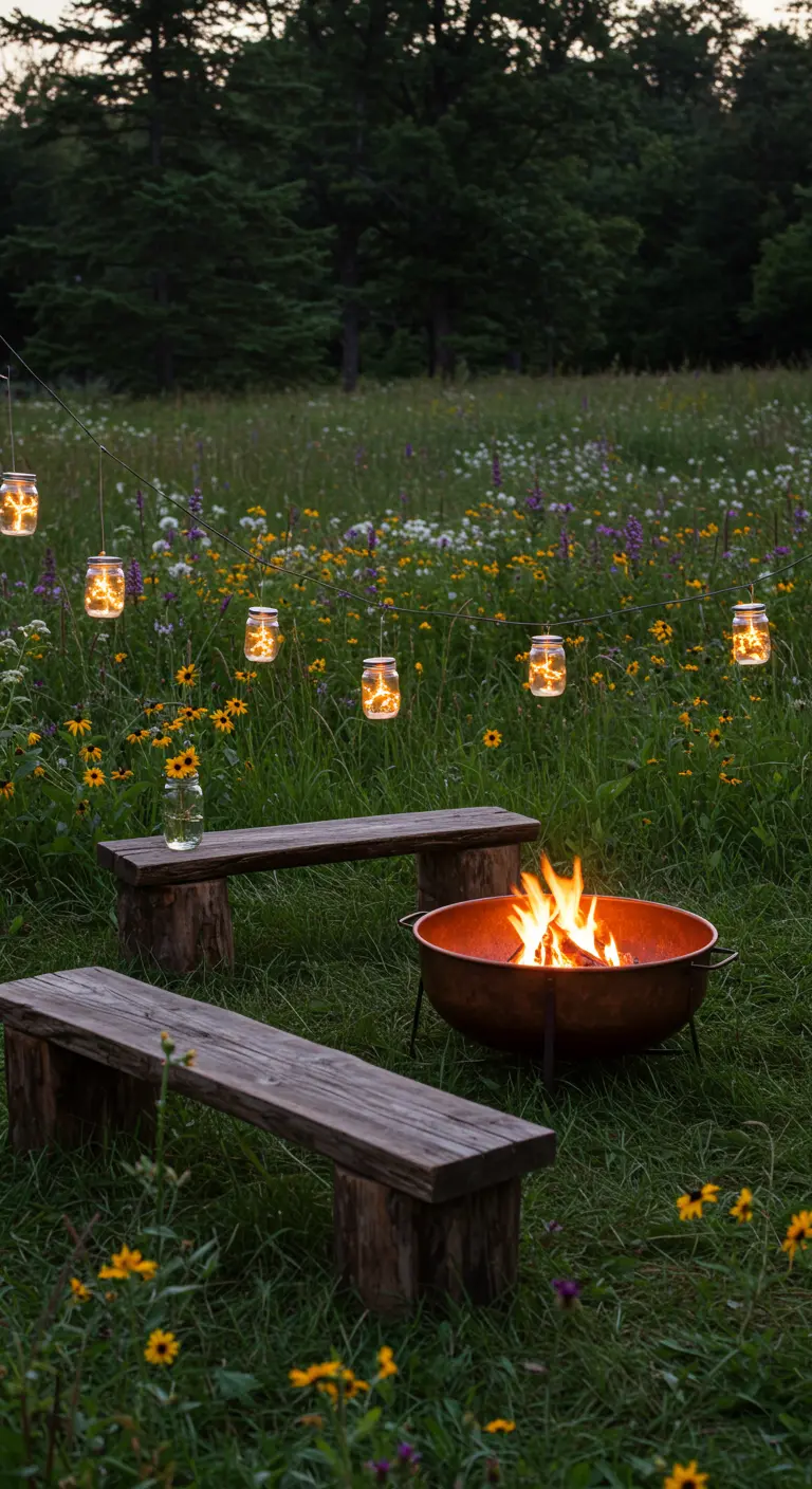 A fire pit and benches set in a wildflower meadow, with mason jar lights strung above.