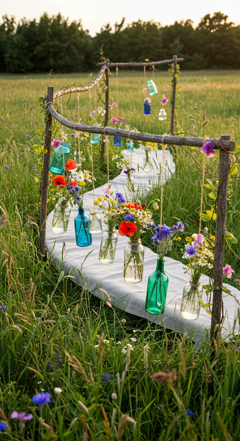 A low table in a wildflower field with colored bottles hanging from a branch frame.