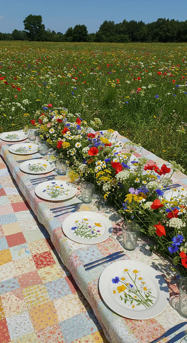 A table in a wildflower field with a patchwork quilt tablecloth and a runner of fresh wildflowers.