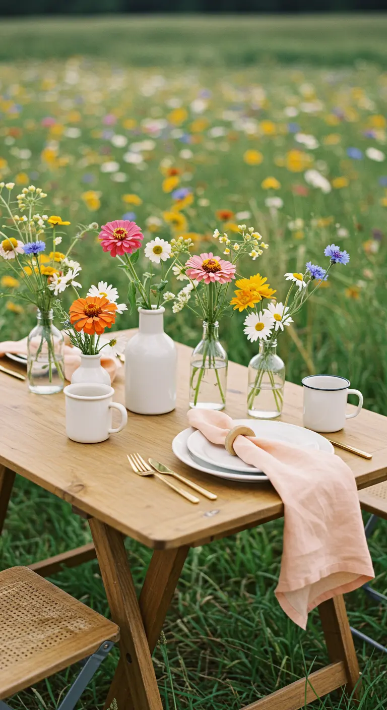 Simple wooden table in a wildflower field with small vases of freshly picked flowers.