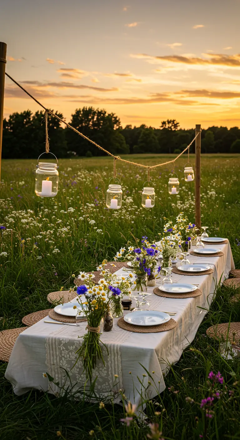 Low table set for a picnic in a wildflower meadow with hanging candle jars.