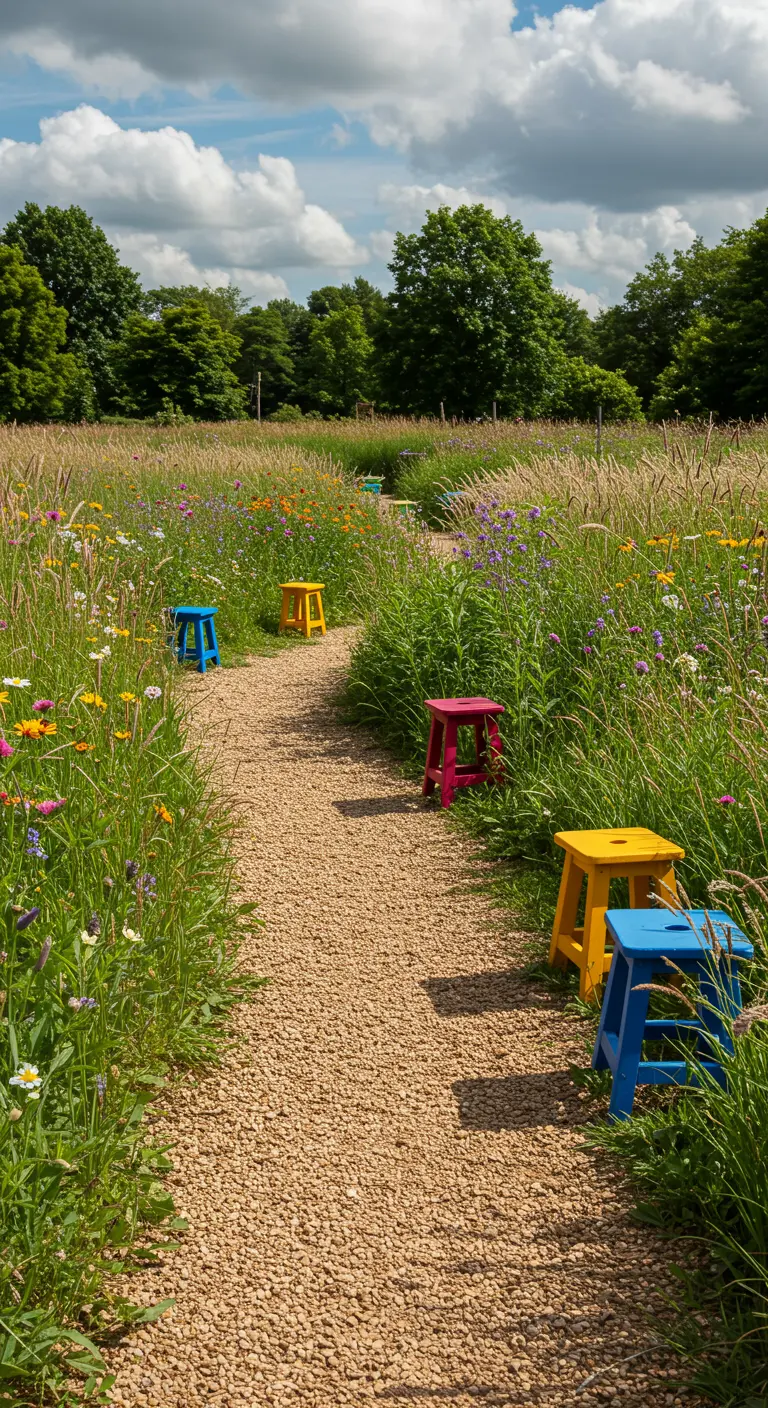 Brightly colored stools placed along a gravel path winding through a wildflower meadow.