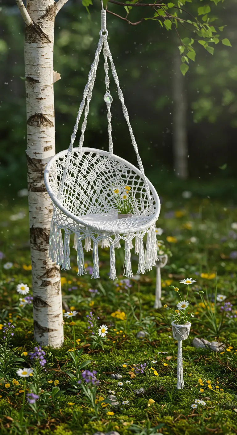 A delicate white macramé hammock chair hanging from a birch tree in a wildflower meadow.