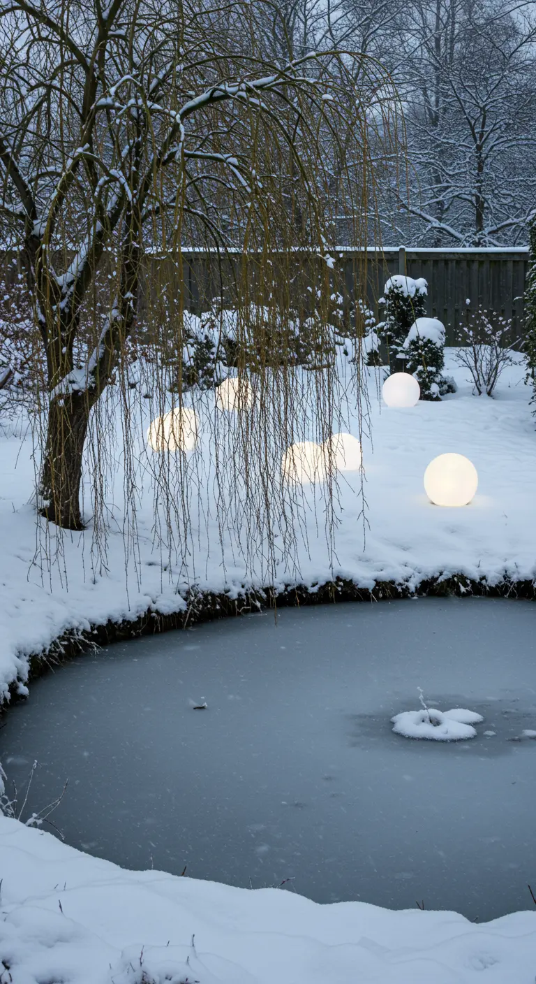 A snowy garden with a weeping willow, frozen pond, and glowing orbs in the background.