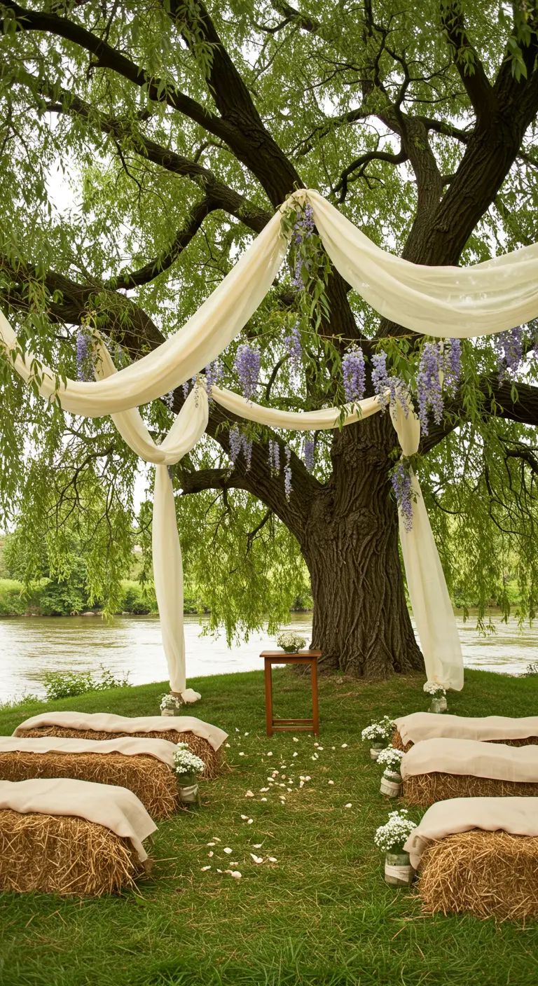Wedding ceremony under a willow tree with draped fabric and hay bale seats.