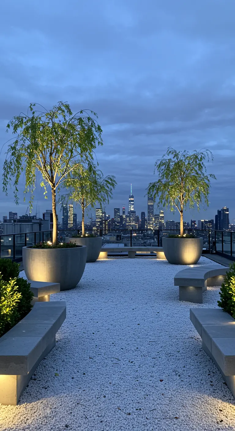 A rooftop with large bowl planters containing weeping trees, set in a bed of white gravel.
