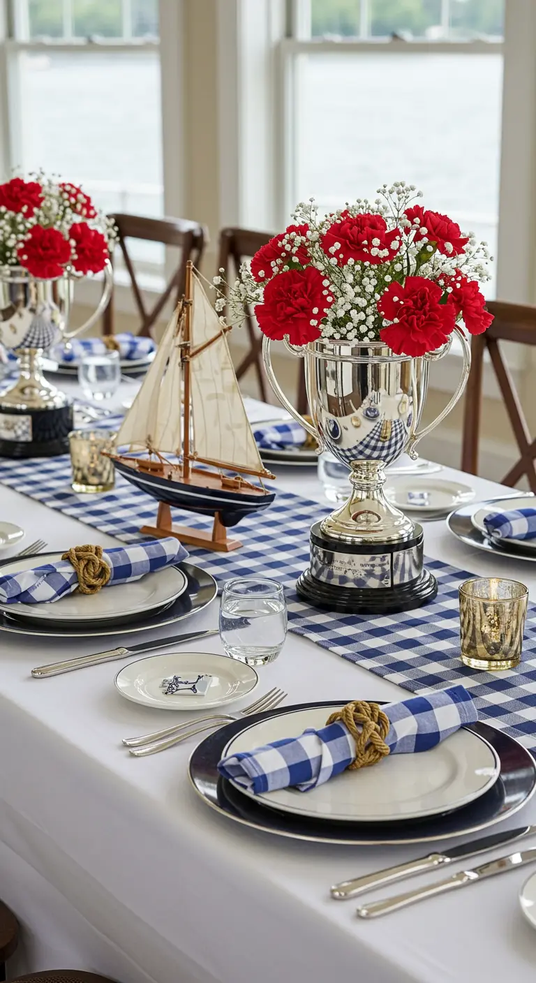 Preppy nautical table with a gingham runner and flowers arranged in silver trophy cups.